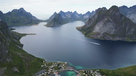 Reinefjord-Aerial-View-at-Reinebringen,-Lofoten-Islands,-Norway---4k