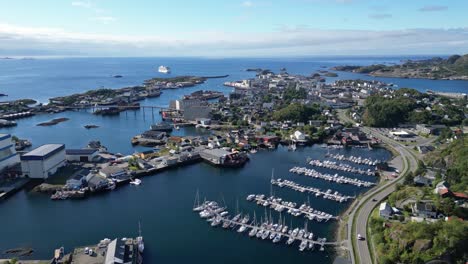 Svolvaer-Harbour-Fishing-Village-in-Lofoten-Islands,-Norway---Aerial-4k-Circling