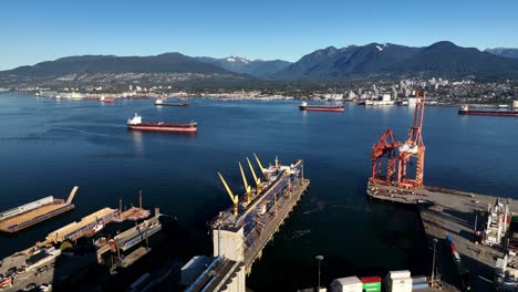 Vancouver,-British-Columbia,-Canada---Centerm---Centennial-Terminals---Major-Container-Port-on-Burrard-Inlet---Orbit-Drone-Shot