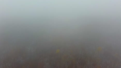 Drone-pullback-through-dense-fog-revealing-Scenic-Mount-Washington-Woodland-Landscape,-USA