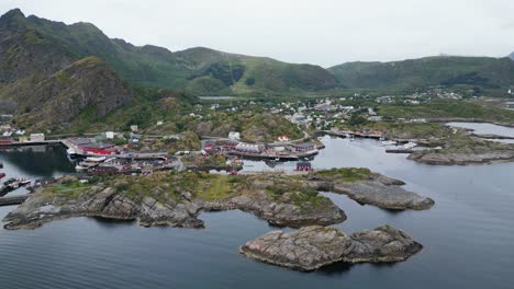 Stamsund-Fishing-Village-at-Lofoten-Islands,-Norway---Aerial-4k-Circling