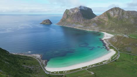 Lofoten-Islands-Vik-Beach-and-Haukland-Beach-at-Summer-in-Norway---Aerial-4k-Circling