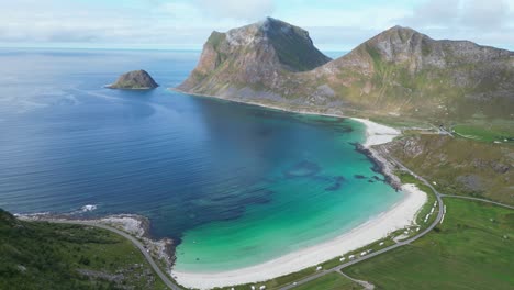 Lofoten-Islands-Vik-Beach-and-Haukland-Beach-at-Summer-in-Norway---Aerial-4k