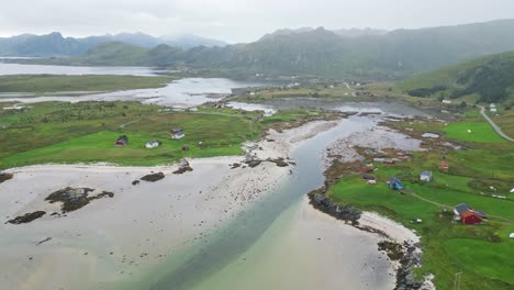 Lofoten-Islands-Dramatic-Nature-Landscape-and-Eggum-Fishing-Village---Aerial-4k