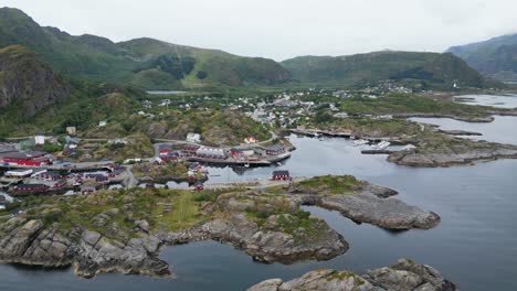 Stamsund-Fishing-Village-at-Lofoten-Islands,-Norway---Aerial-4k