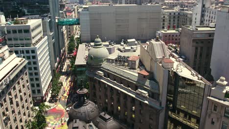 Aerial-Drone-Fly-Above-Financial-Center-Cityscape-of-Santiago-de-Chile-La-Bolsa-Neighborhood