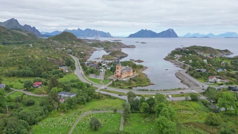 Vagan-Church-in-Nordland,-Lofoten-Islands,-Norway,-Scandinavia---Aerial-Circling