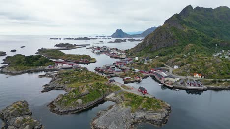 Stamsund-Village-in-Lofoten-Islands-Archipelago,-Norway---Aerial-4k