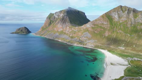 Lofoten-Islands-Haukland-Beach-at-Summer-in-Norway---Aerial-4k