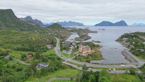 Vagan-Church-in-Nordland,-Lofoten-Islands,-Norway,-Scandinavia---Aerial