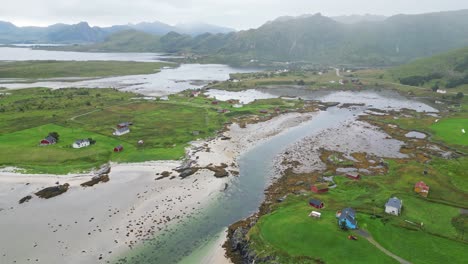 Lofoten-Islands-Dramatic-Nature-Landscape-and-Eggum-Fishing-Village---Aerial-4k-Circling