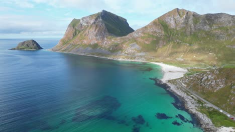 Lofoten-Islands-Haukland-Beach-and-Coastline-at-Summer-in-Norway---Aerial-4k
