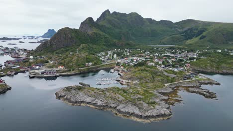 Stamsund-Dorf-Im-Archipel-Der-Lofoten-Inseln,-Norwegen---4K-Luftaufnahme