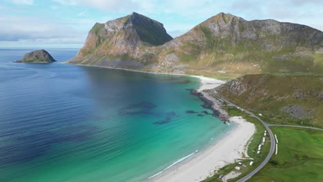 Lofoten-Islands-Vik-and-Haukland-Beach-at-Summer-in-Norway---Aerial-4k