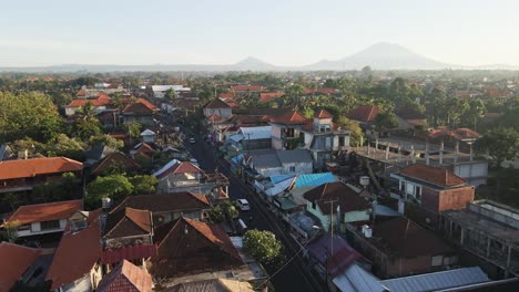 Sunrise-view-of-Ubud-town-famous-for-traditional-crafts-with-volcano-Agung-at-the-background