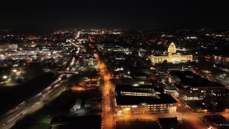 Arkansas-State-Capitol-building-at-night-in-Little-Rock,-Arkansas-with-drone-video-wide-shot-stable