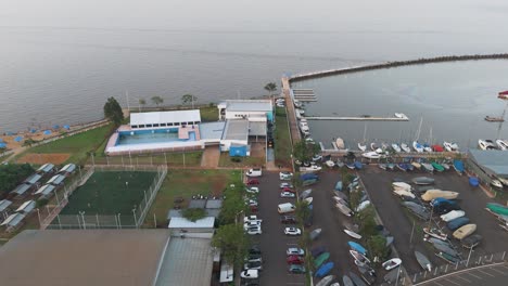 Aerial-footage-over-the-yacht-club,-Misiones,-Posadas,-Argentina