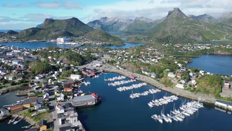 Svolvaer-Harbour-and-Village-in-Lofoten-Islands,-Norway---Aerial-4k