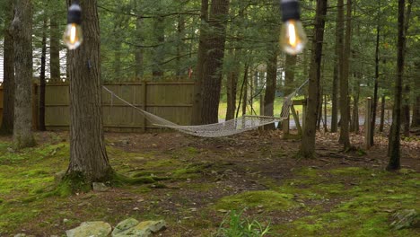 Vacant-hammock-hanging-in-peaceful-woodland-wilderness-surrounded-by-string-garden-lights