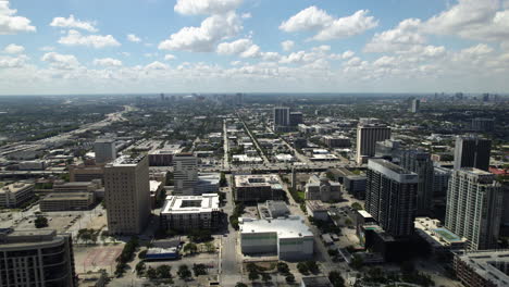 Aerial-panorama-shot-of-the-midtown-cityscape-of-Houston,-sunny-Texas,-USA