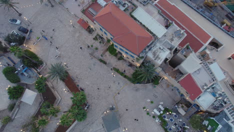 Top-down-view-of-Kedumim-Square-in-Old-Jaffa,-the-old-city-and-Jaffa-port,-Israel---this-is-one-of-the-oldest-and-most-famous-areas-in-Israel-and-is-an-attraction-for-many-tourists