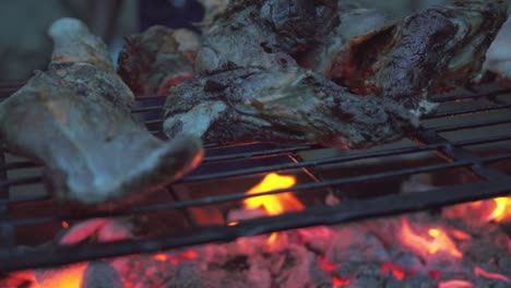 close-up-of-goat-being-cooked-over-open-fire,-outdoors