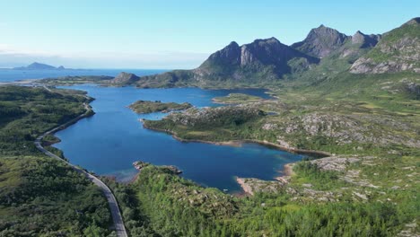 Aerial-View-of-Nature,-Fjords-and-Scenic-Road-in-Lofoten-Islands,-Norway---4k-Circling