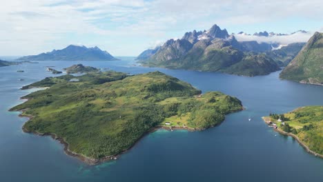 Lofoten-Islands-Scenic-Nature-Landscape-and-Fjords-at-Trollfjord,-Norway---Aerial-4k-Circling