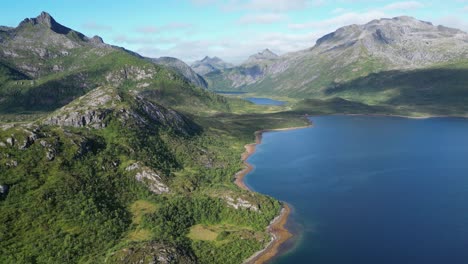 Lofoten-Islands-Nature,-Fjords-and-Panorama-Mountain-Landscape---Aerial-4k