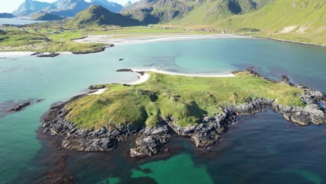 Lofoten-Islands-Nature-and-Beaches-during-Summer-in-Norway,-Scandinavia---4k-Aerial-Reveal-Backwards