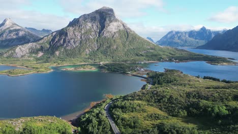 Aerial-View-of-Fjords,-Nature-and-Scenic-Road-in-Molnarodden,-Lofoten-Islands,-Norway---4k