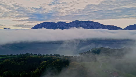 Aerial-drone-over-mist-filled-valley-with-trees-out-of-fog-over-lake,-mountains-in-background