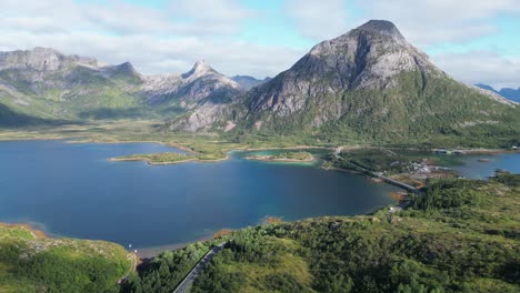 Aerial-View-of-Fjords,-Nature-and-Scenic-Road-in-Molnarodden,-Lofoten-Islands,-Norway---4k-Circling