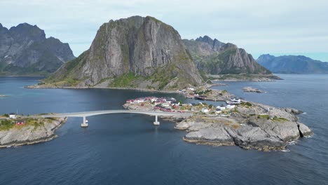 Hamnoy-Village,-Fjords-and-Scenic-Road-in-Lofoten-Islands,-Norway---Aerial-4k-Circling