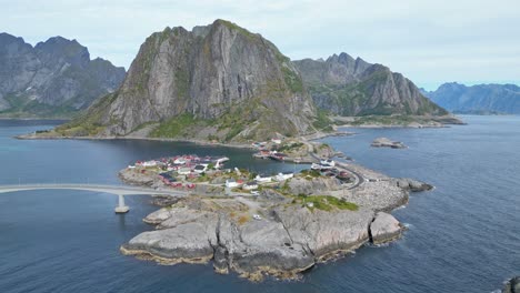 Hamnoy-Village-and-Fjords-in-Lofoten-Islands,-Norway---Aerial-4k