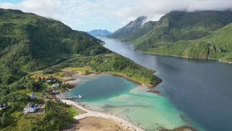 Lofoten-Islands-Fjord-and-Nature-Landscape-at-Summer-in-Tengelfjord,-Norway---Aerial-4k
