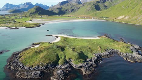 Lofoten-Islands-Nature-and-Beaches-during-Summer-in-Norway,-Scandinavia---4k-Aerial-Reveal