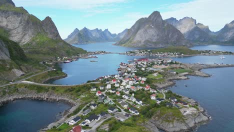 Reine-Village-and-Fjords-in-Lofoten-Islands-Archipelago,-Norway,-Scandinavia---4k-Aerial-in-Summer