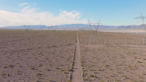 Network-of-High-Voltage-Transmission-Lines-in-the-Nevada-Desert,-Aerial