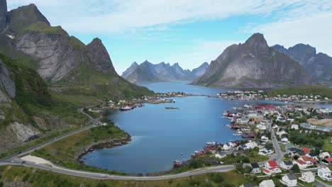 Reine-Village-and-Fjords-at-Lofoten-Islands-Archipelago,-Norway,-Scandinavia---4k-Aerial-Circling