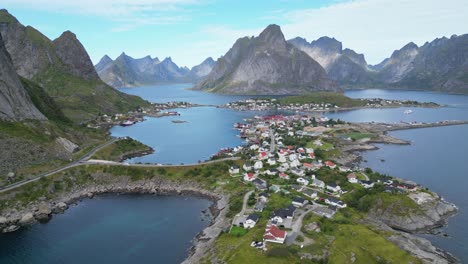 Reine-Village,-Islands-and-Fjords-in-Lofoten-Islands-Archipelago,-Norway,-Scandinavia---4k-Aerial-in-Summer