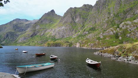 Boats-and-Fjords-at-Agvatnet-lake-in-Lofoten-Islands,-Norway---Pan-Left