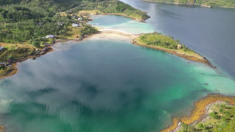 Lofoten-Islands-Nature,-Fjord-and-Lagoon-at-Summer-in-Tengelfjord,-Norway---Aerial-4k-Reveal-Tilting-Up