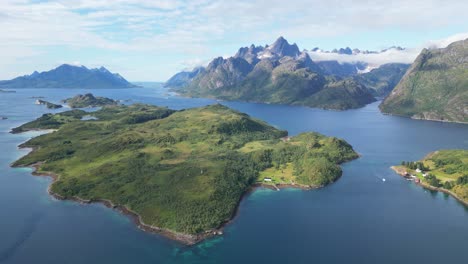 Lofoten-Islands-Scenic-Nature-Landscape-and-Fjords-at-Trollfjord,-Norway---Aerial-4k