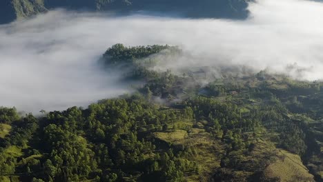 Aerial-shot-of-a-valley-in-the-fog