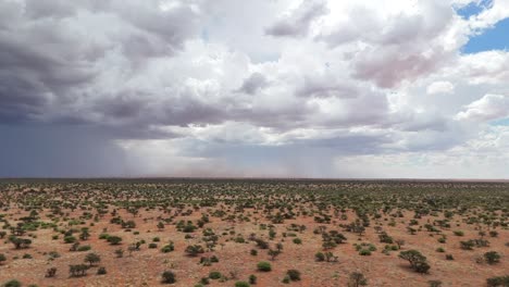 Aerial-footage-of-the-southern-Kalahari,-storm-clouds-building-in-the-distance