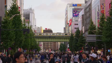 Statische-Zeitlupenaufnahme,-Während-Der-Zug-Vorbeifährt-Und-Menschen-Durch-Die-Straßen-Der-Elektrischen-Stadt-Akihabara-Laufen