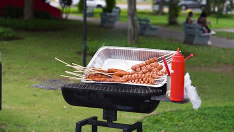Street-food-in-Panama:-various-types-of-skewered-pieces-ready-to-be-grilled,-with-sausages-and-marinated-meat,-on-a-barbecue-grill-in-a-park
