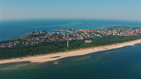 Top-panoramic-view-of-Jastarnia-in-Poland-at-sunny-summer-day-with-baltic-sea-and-bay-in-the-background