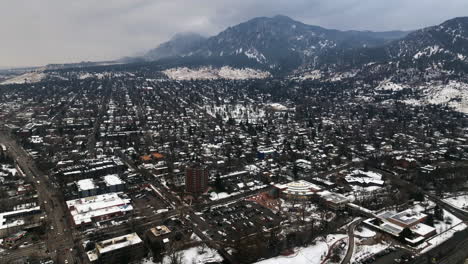 Christmas-in-Boulder-Colorado-Pearl-Street-Mall-Baseline-aerial-drone-cinematic-December-University-of-Colorado-CU-Buffs-Winter-cloudy-snowy-Flat-Irons-Chautauqua-Park-cars-buildings-streets-up-reveal